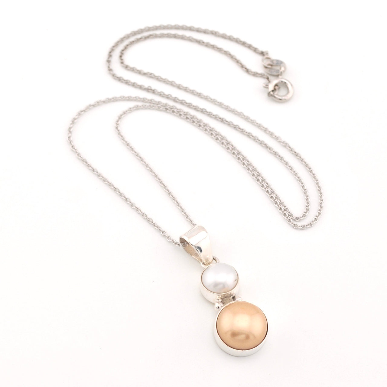 Silver White and Peach Pearl Necklace