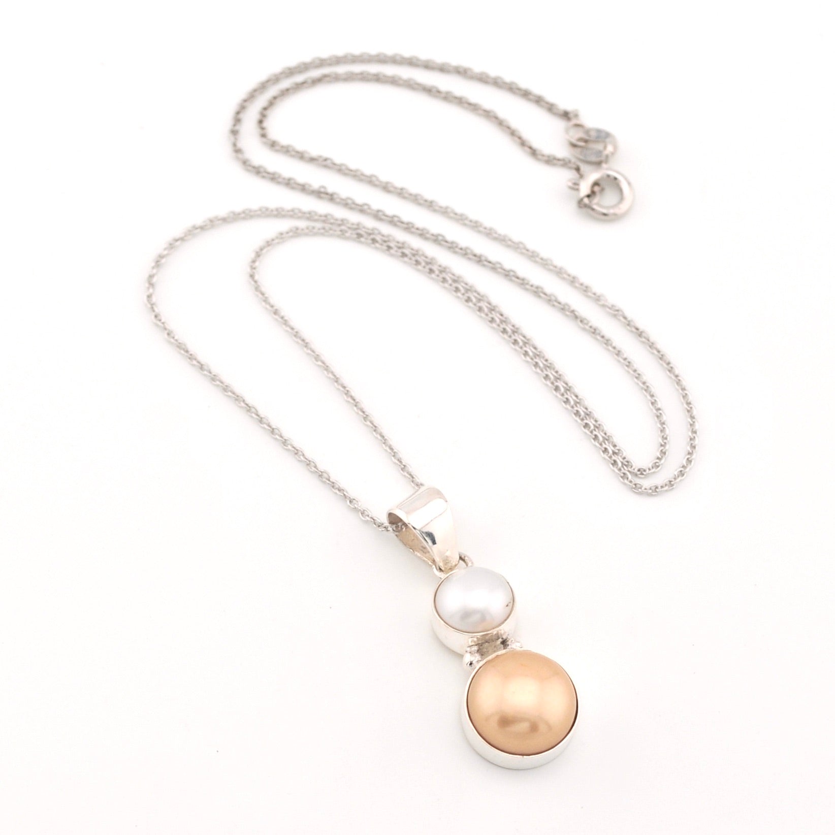 Silver White and Peach Pearl Necklace