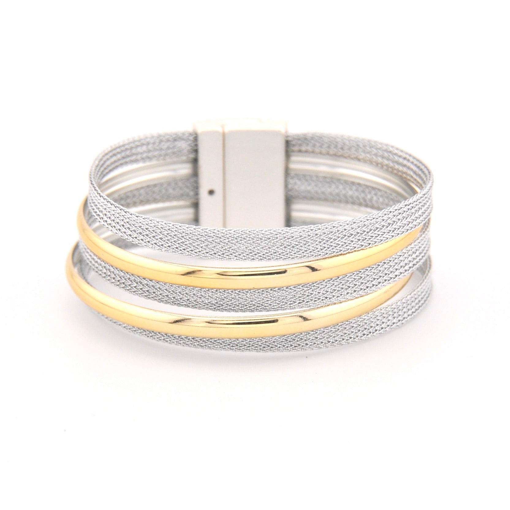 Multistrand bracelet with gold and silver bands on a white background