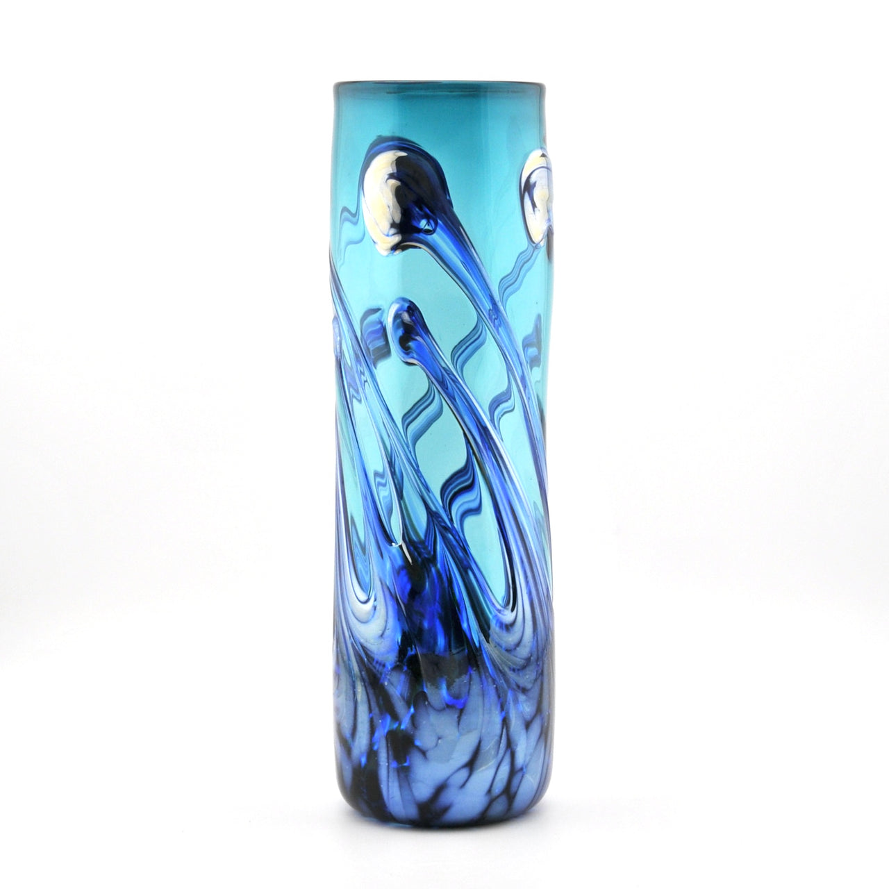Blue glass vase with swirling patterns on a white background