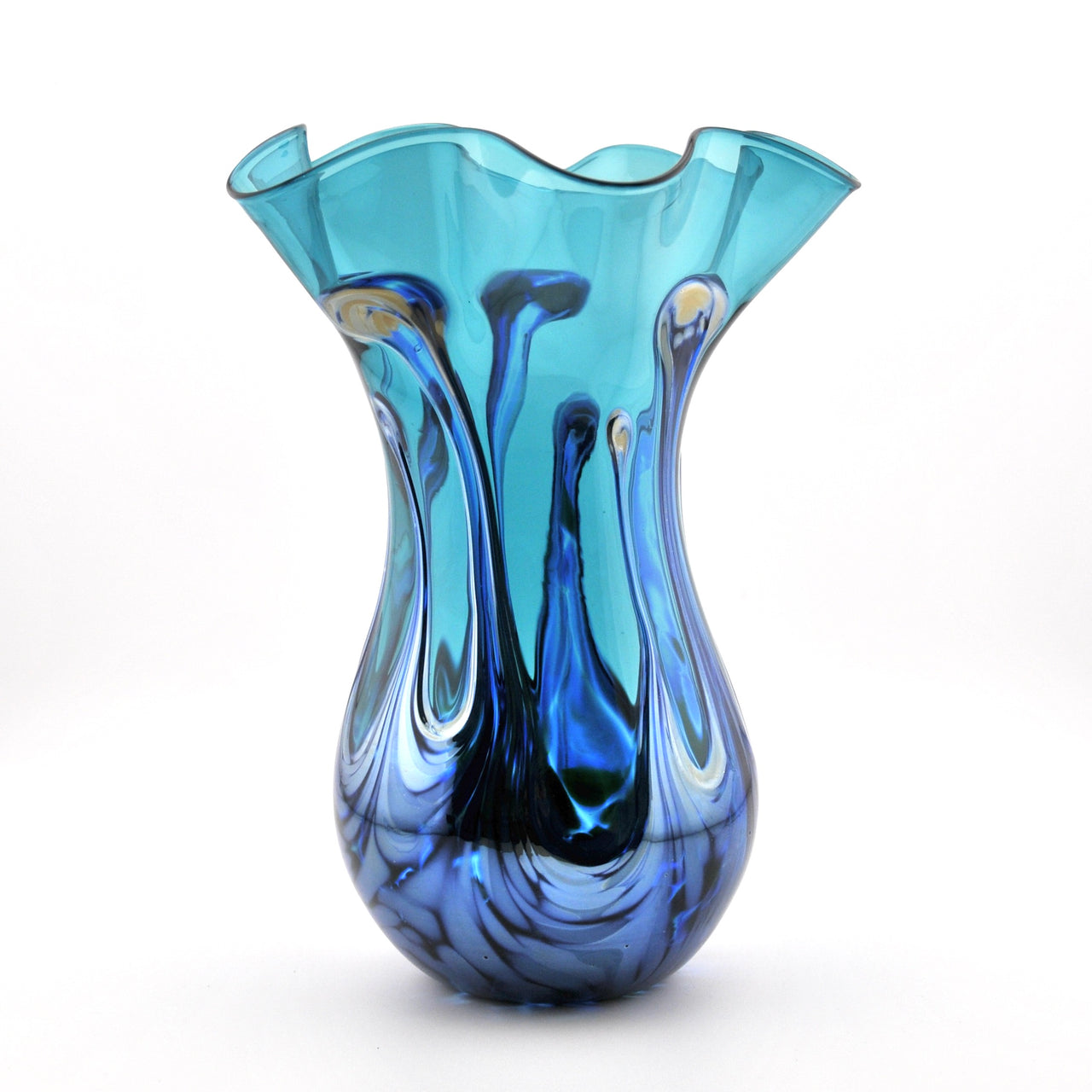 Blue glass vase with swirling pattern on a white background