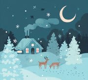 A cozy winter night scene illustration with a snow-covered cottage, evergreen trees, two deer, stars, snowflakes, and a crescent moon in a dark teal sky.