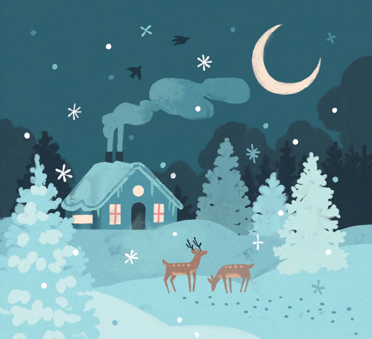 A cozy winter night scene illustration with a snow-covered cottage, evergreen trees, two deer, stars, snowflakes, and a crescent moon in a dark teal sky.