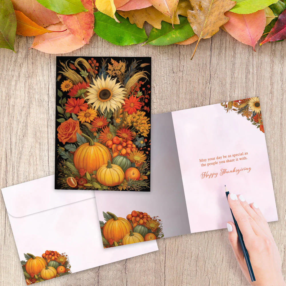 Thanksgiving card with pumpkins, sunflowers, and autumn leaves on a wooden surface.