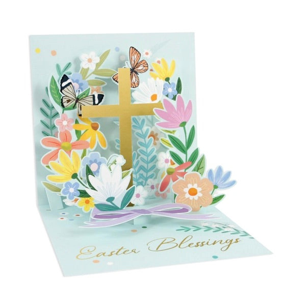 Easter-themed pop-up card with cross, flowers, and butterflies on a light blue background.