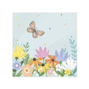 Card with a butterfly and colorful flowers on a light blue background