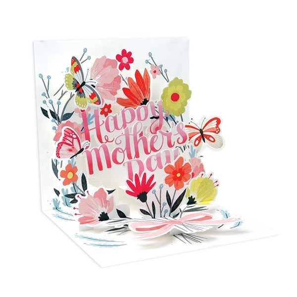 Greeting card with colorful flowers and butterflies on a white background