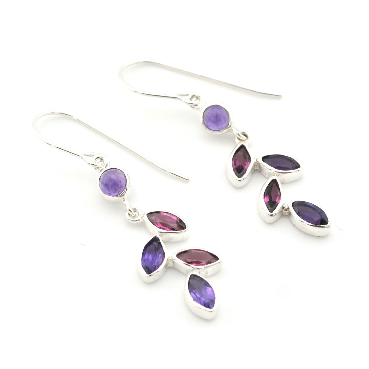 Silver Amethyst Rhodolite Garnet Marquise Earrings on white background