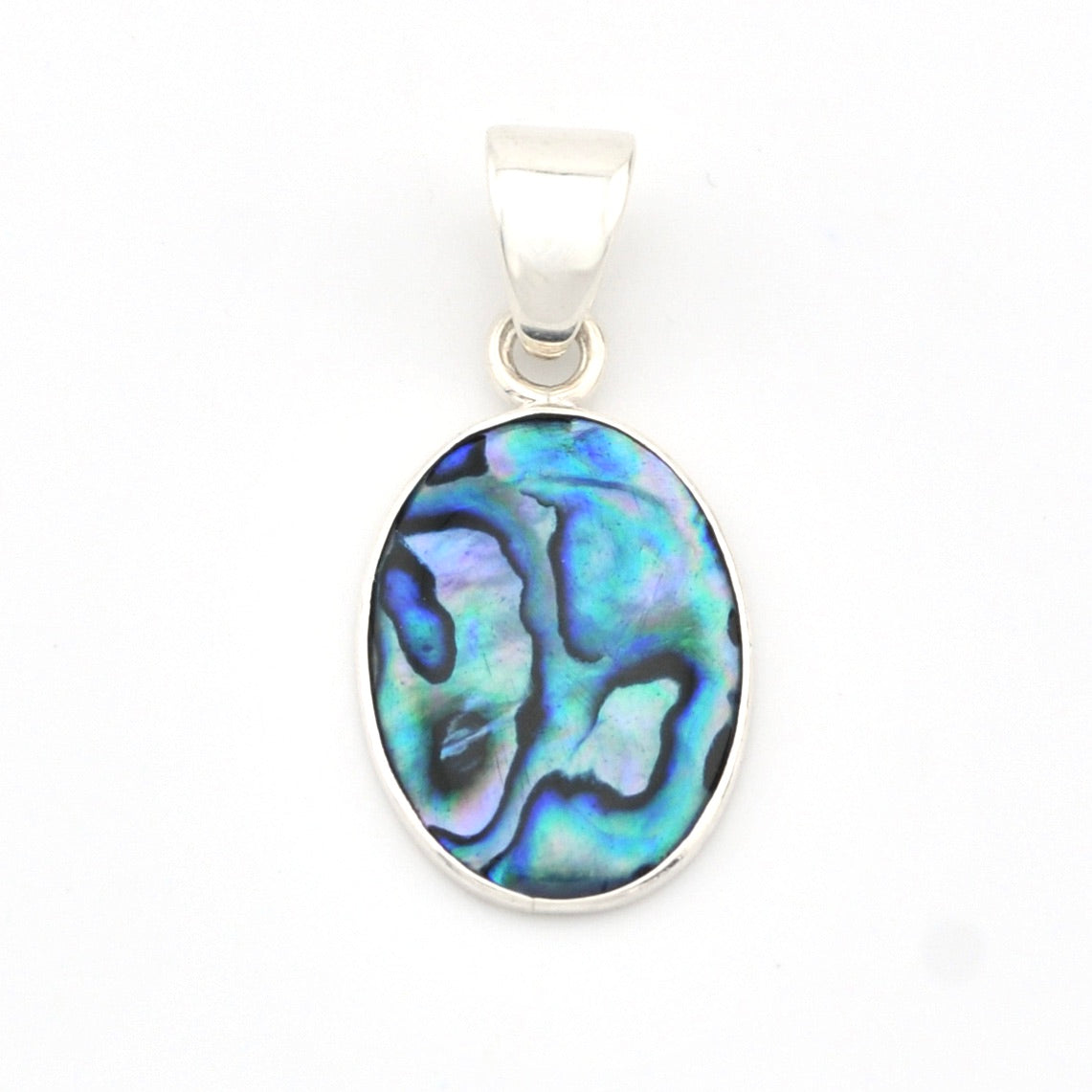 Silver pendant with a colorful abalone shell insert on a white background