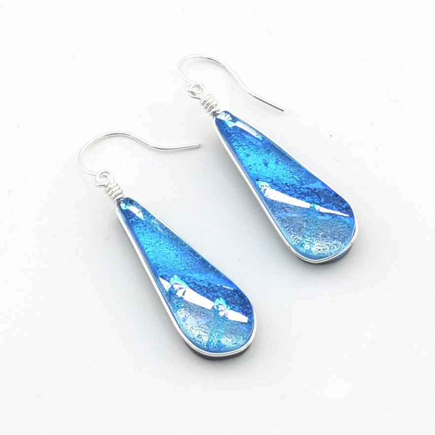 Dichroic Glass Sea Blue Teardrop Dangle Earrings on white background.
