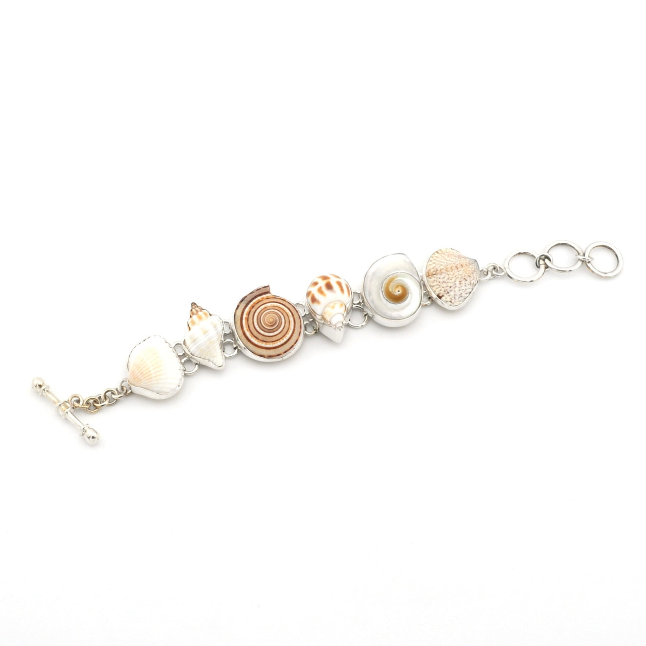 Bracelet with shell-like beads on a white background