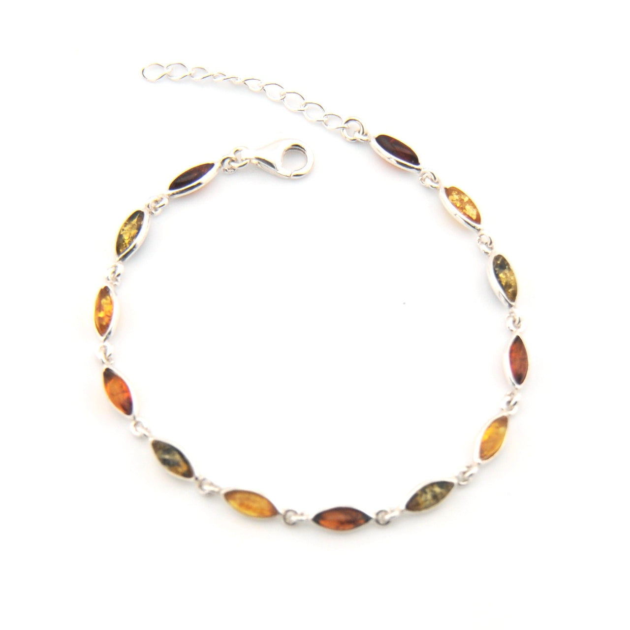 Silver bracelet with amber on a white background