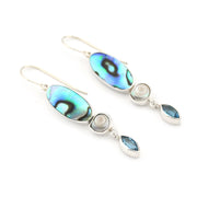 Pair of earrings with abalone shell and pearl elements on a white background