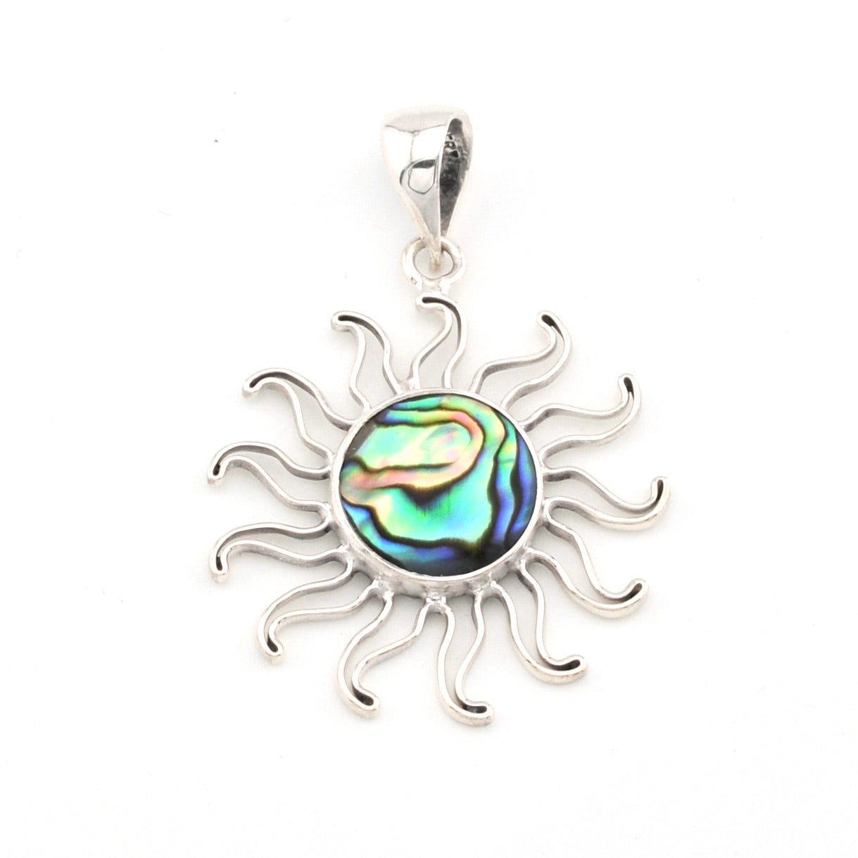 Sun-shaped pendant with abalone shell center on a white background