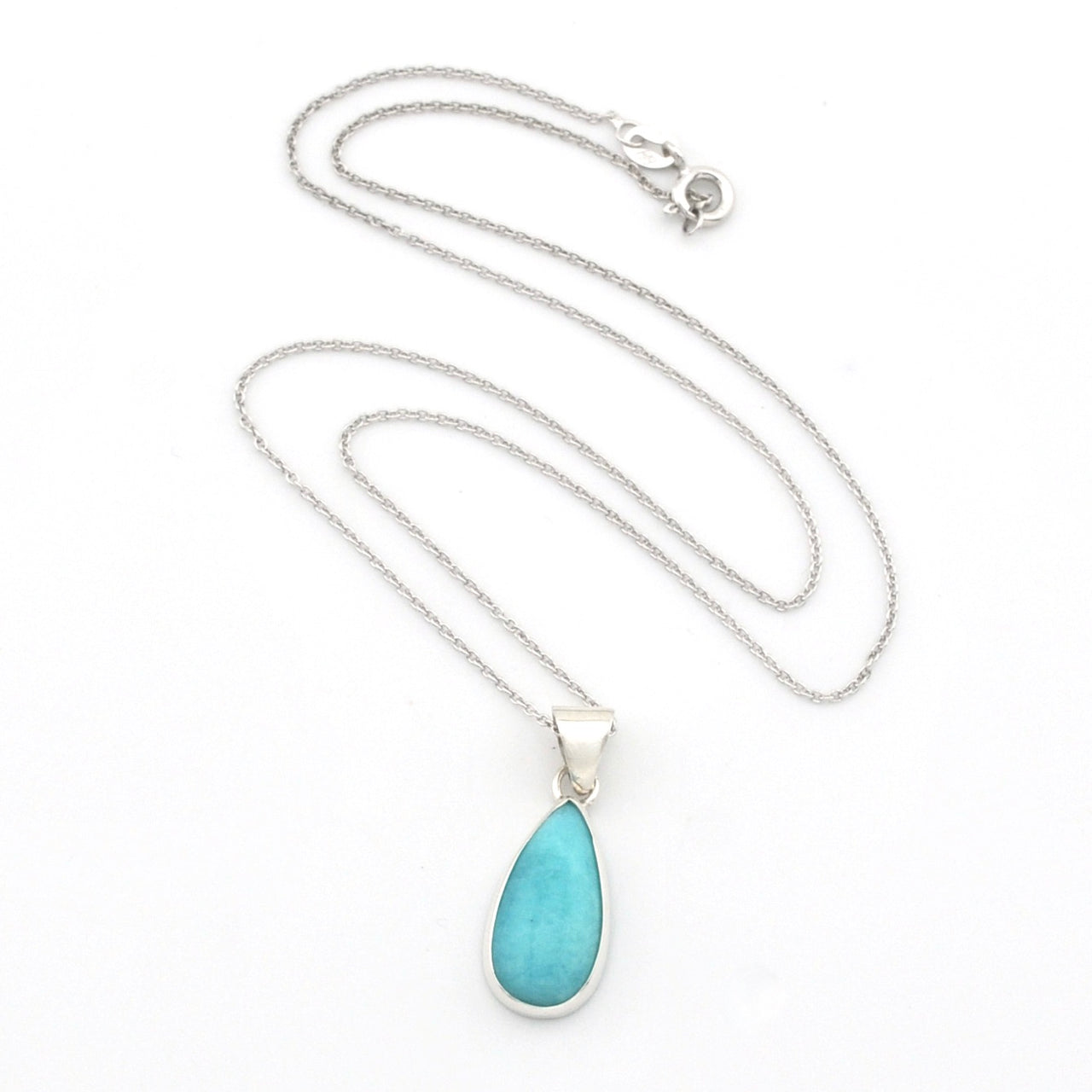 A silver teardrop pendant necklace featuring a light turquoise blue stone, displayed on a clean white background.
