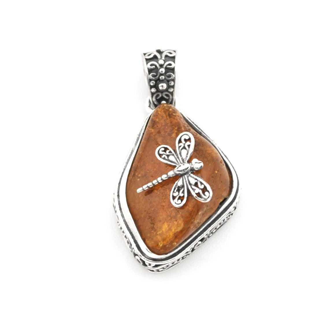 A teardrop-shaped pendant featuring a polished brown stone in a silver-toned bezel setting, adorned with a silver dragonfly motif in the center and a matching silver bail.