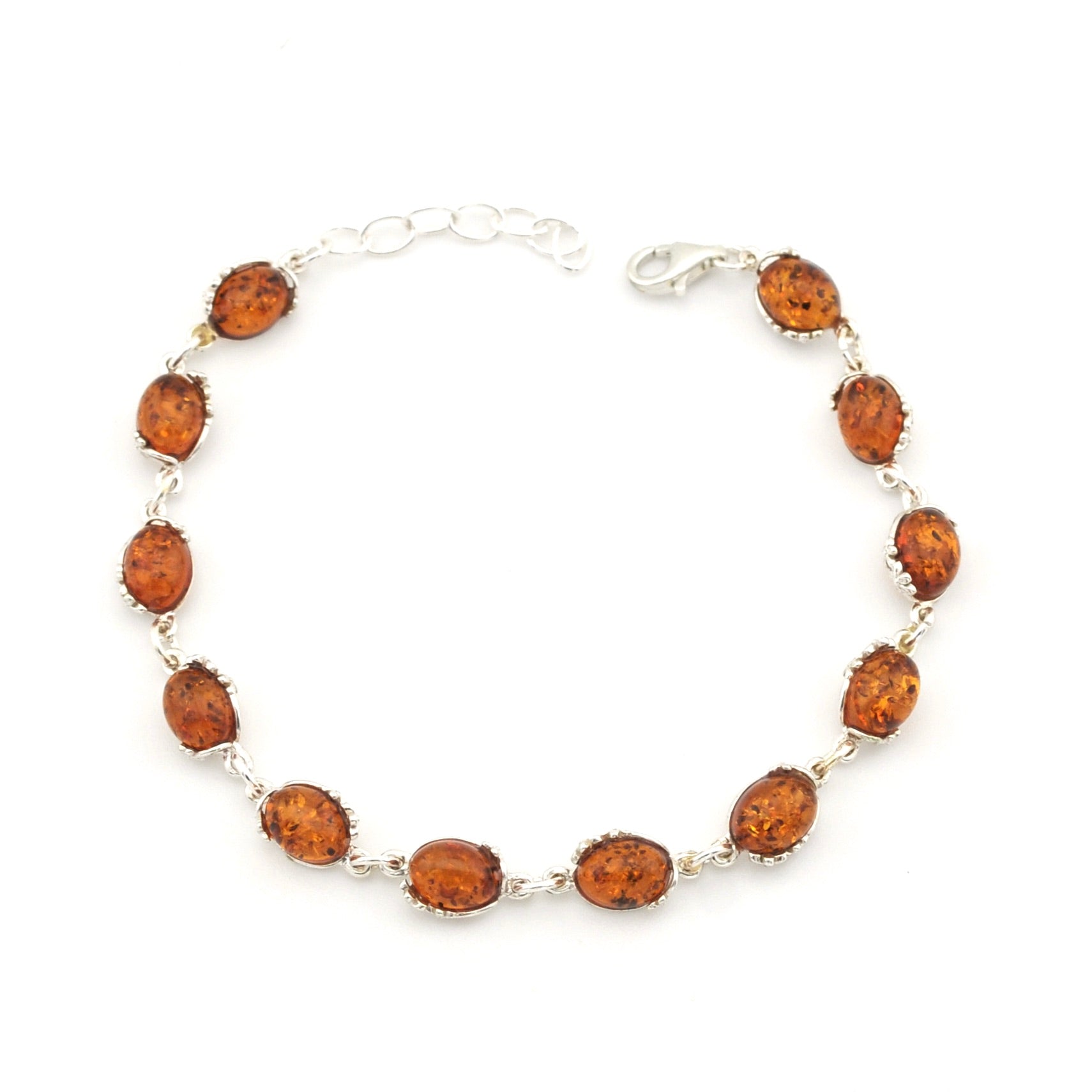A silver chain bracelet featuring ten oval amber-colored gemstones, displayed on a clean white background.