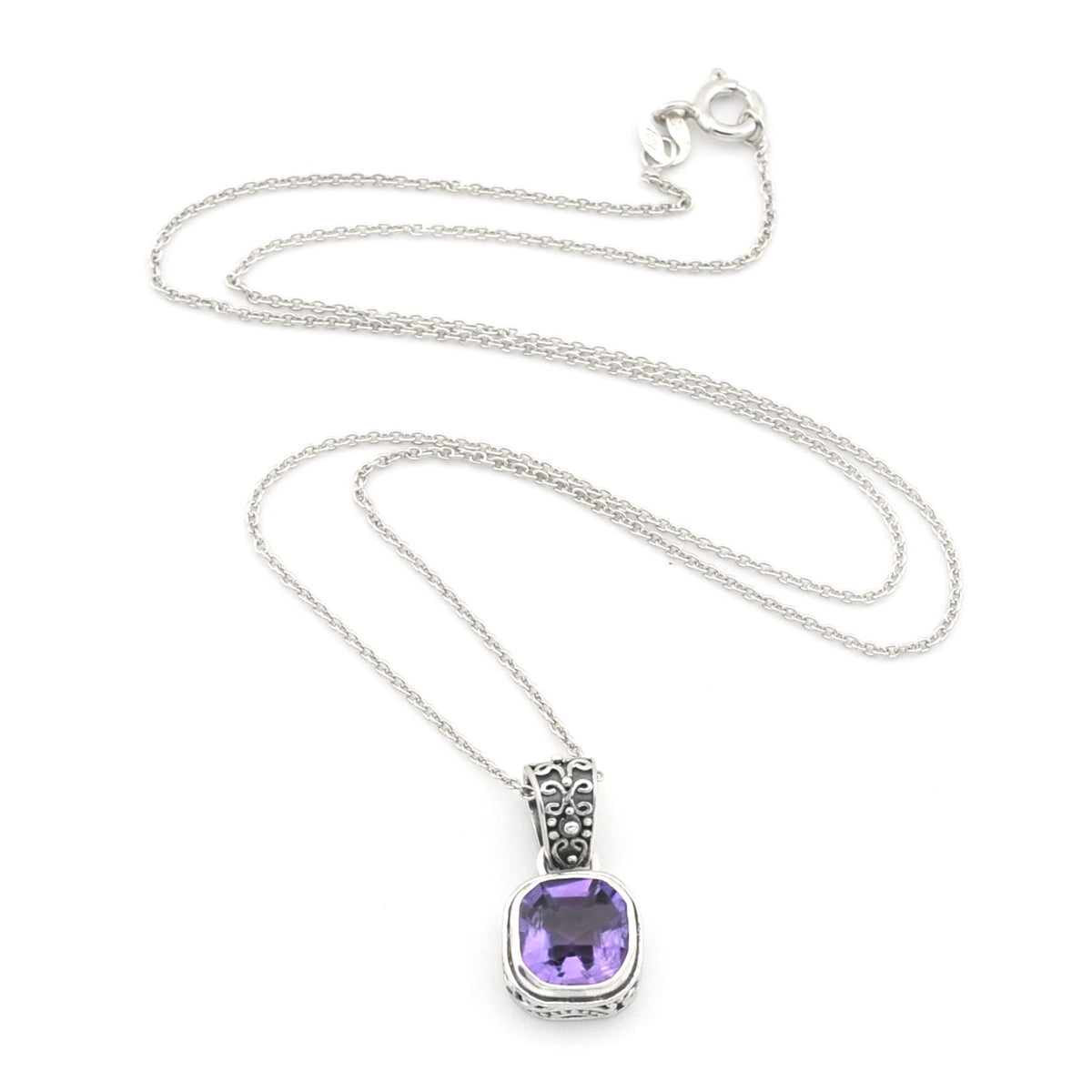 Sterling Silver Amethyst 8mm Square Bali Necklace