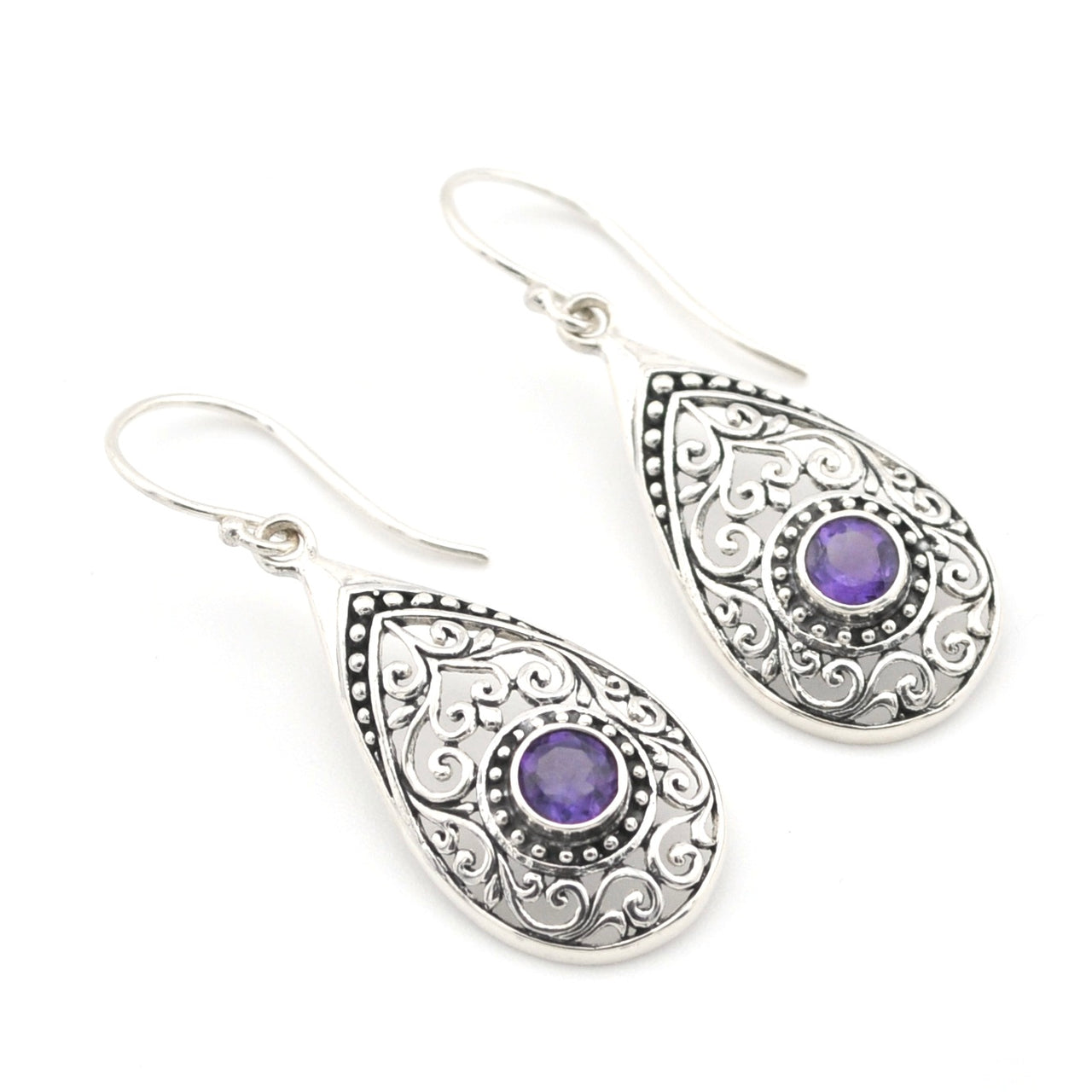 Sterling Silver Amethyst Tear Bali Earrings