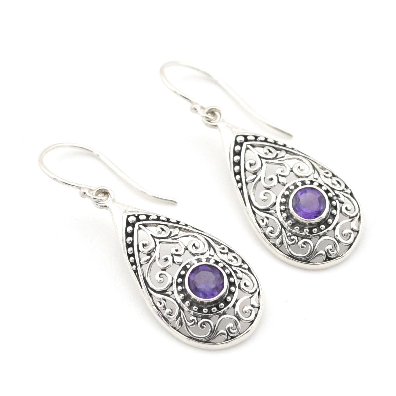 Sterling Silver Amethyst Tear Bali Earrings