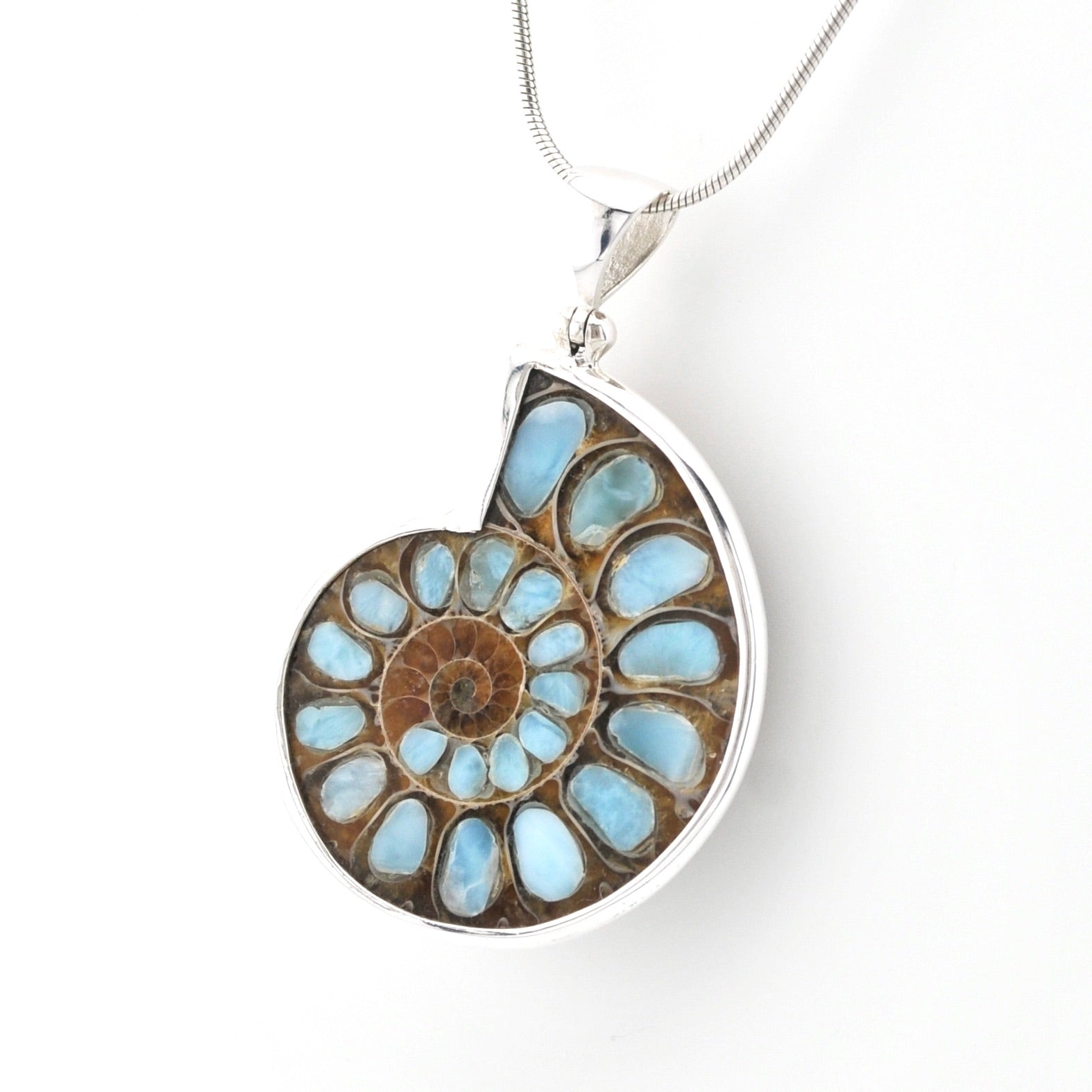 A silver pendant necklace featuring a polished ammonite shell section with light blue and brown fossilized segments, suspended from a silver chain against a plain white background.