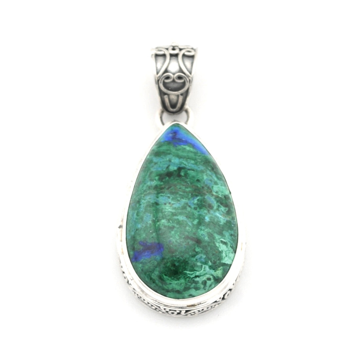 A teardrop-shaped pendant featuring a green and blue marbled stone in a silver bezel setting with an ornate silver bail, shown against a plain white background.