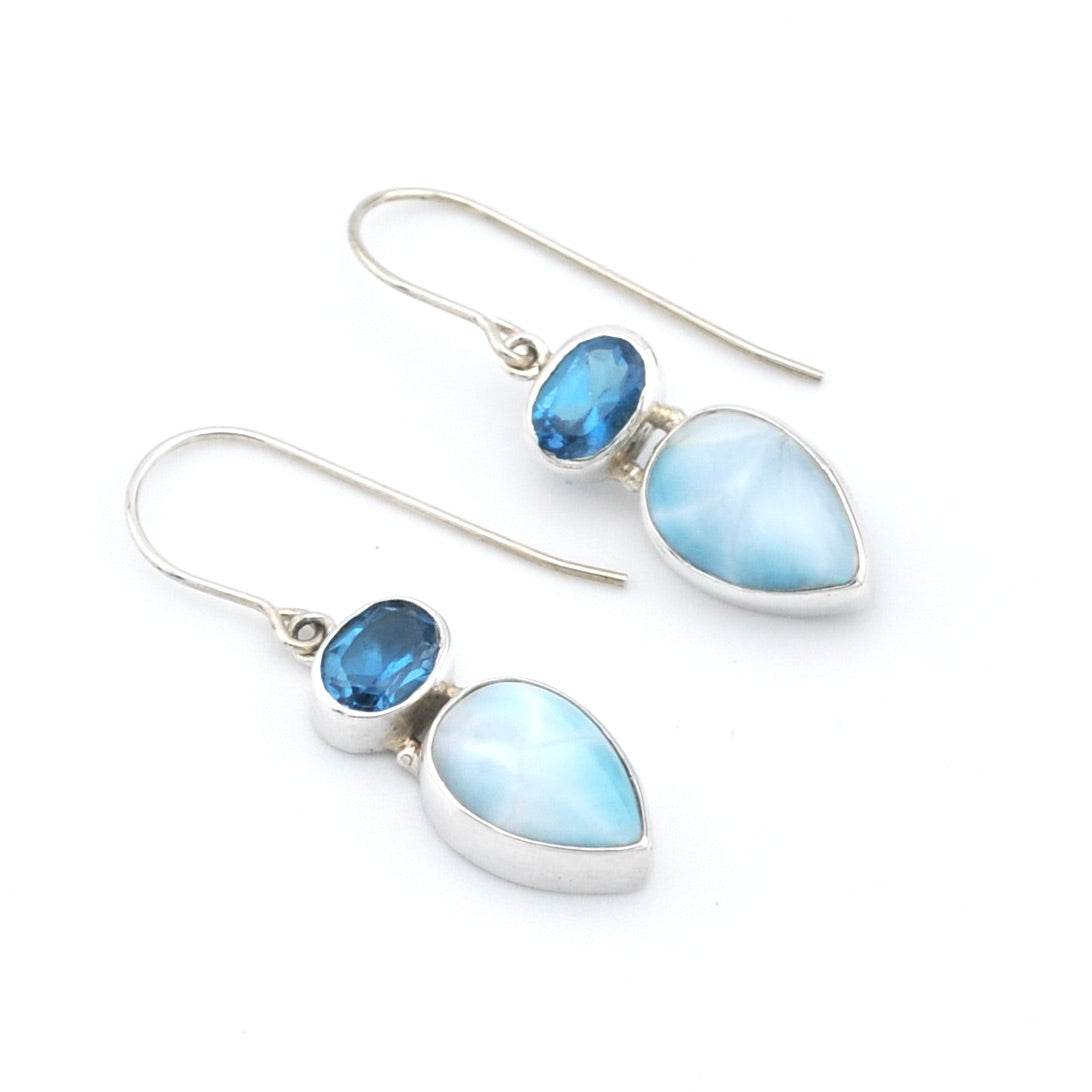 Silver Blue Topaz Oval Larimar Tear Earrings