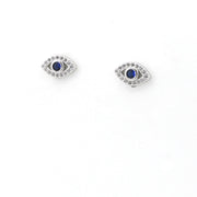 Pair of eye-shaped earrings with blue centers on a white background