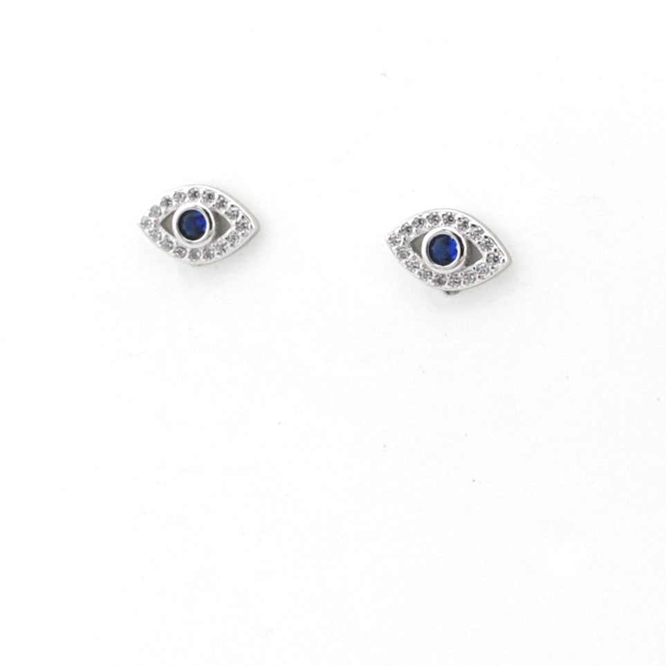 Pair of eye-shaped earrings with blue centers on a white background