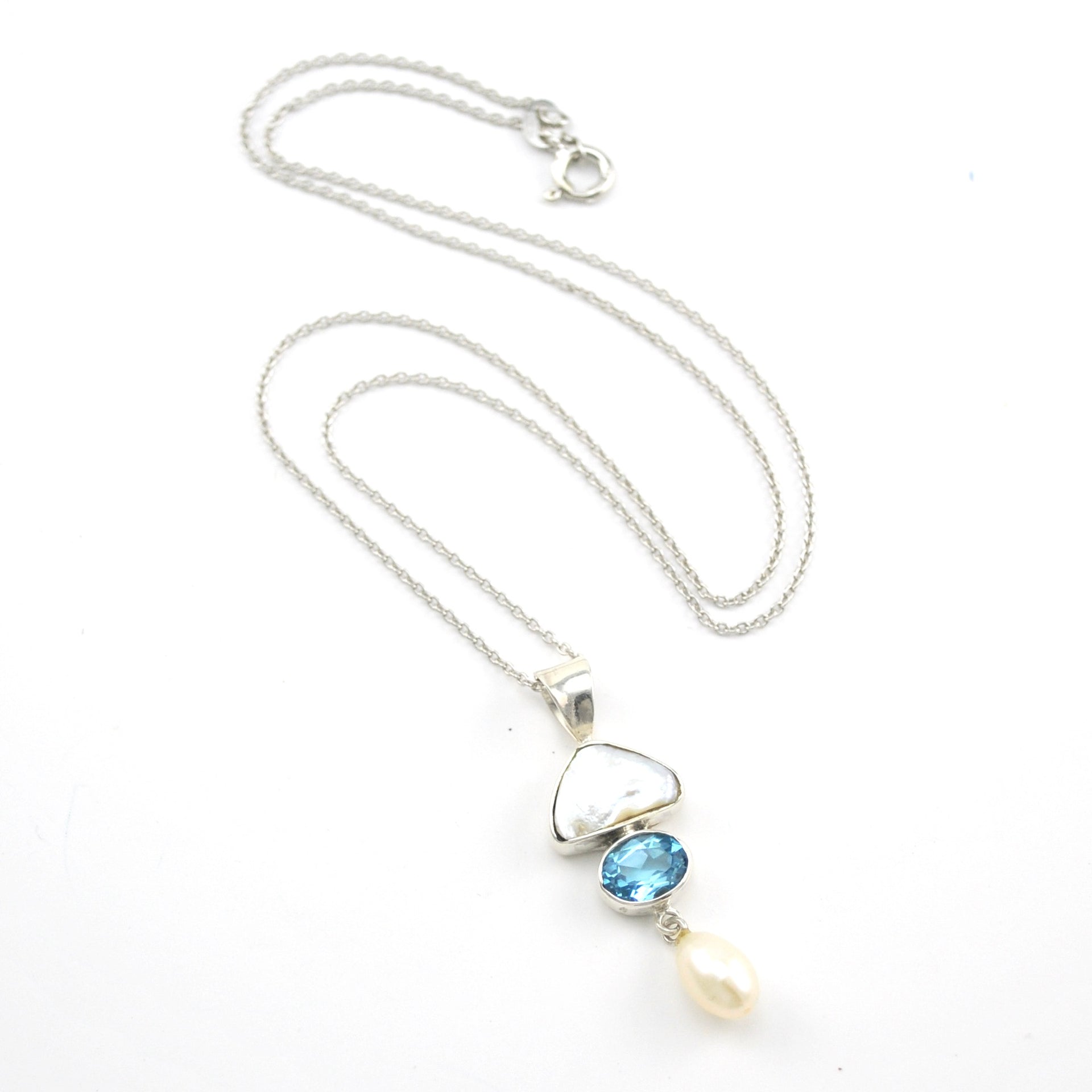 Sterling Silver Keshi Pearl Topaz Pearl Drop Necklace
