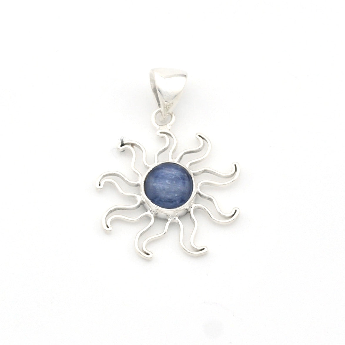 Silver sun-shaped pendant with a blue stone on a white background
