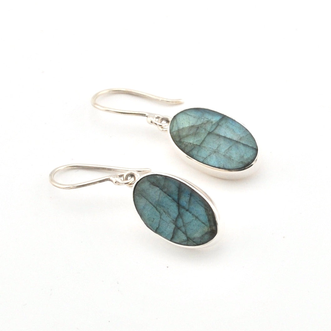 Pair of labradorite earrings on a white background