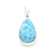 A teardrop-shaped Larimar pendant with a silver bezel setting and bail, shown on a plain white background.