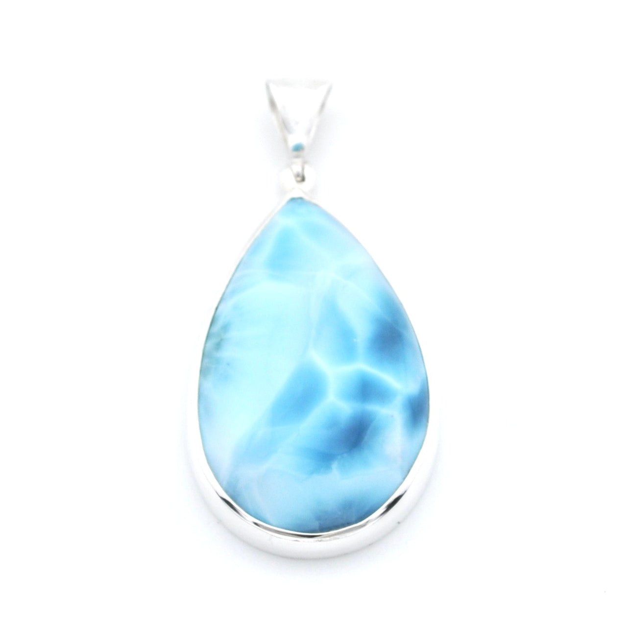 A teardrop-shaped pendant featuring a light blue marbled stone in a polished silver bezel setting, shown against a plain white background.