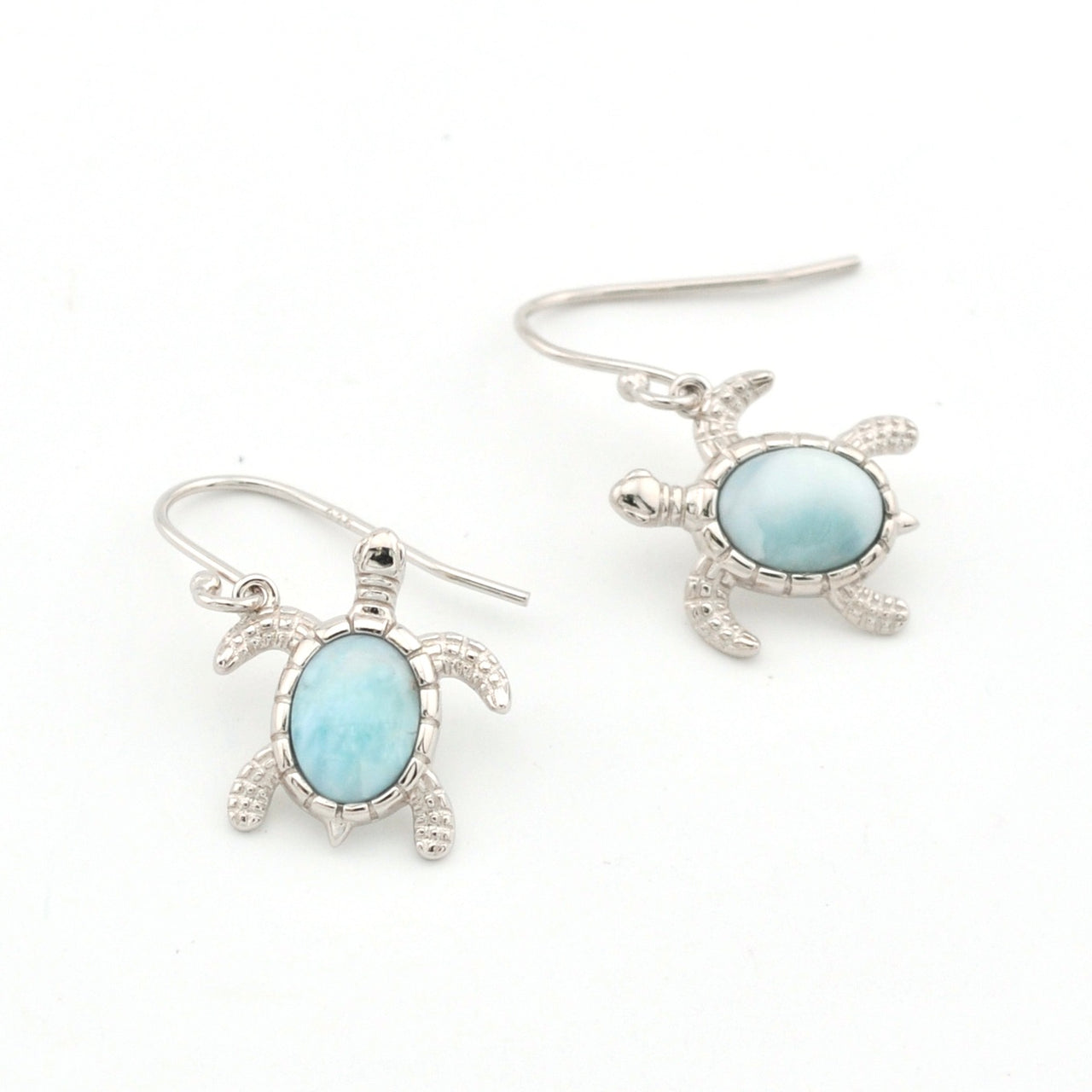 Sterling Silver Larimar Oval Stone Sea Turtle Dangle Earrings
