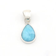 Teardrop-shaped larimar pendant on a white background