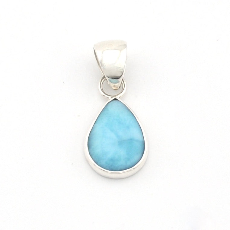 Teardrop-shaped larimar pendant on a white background