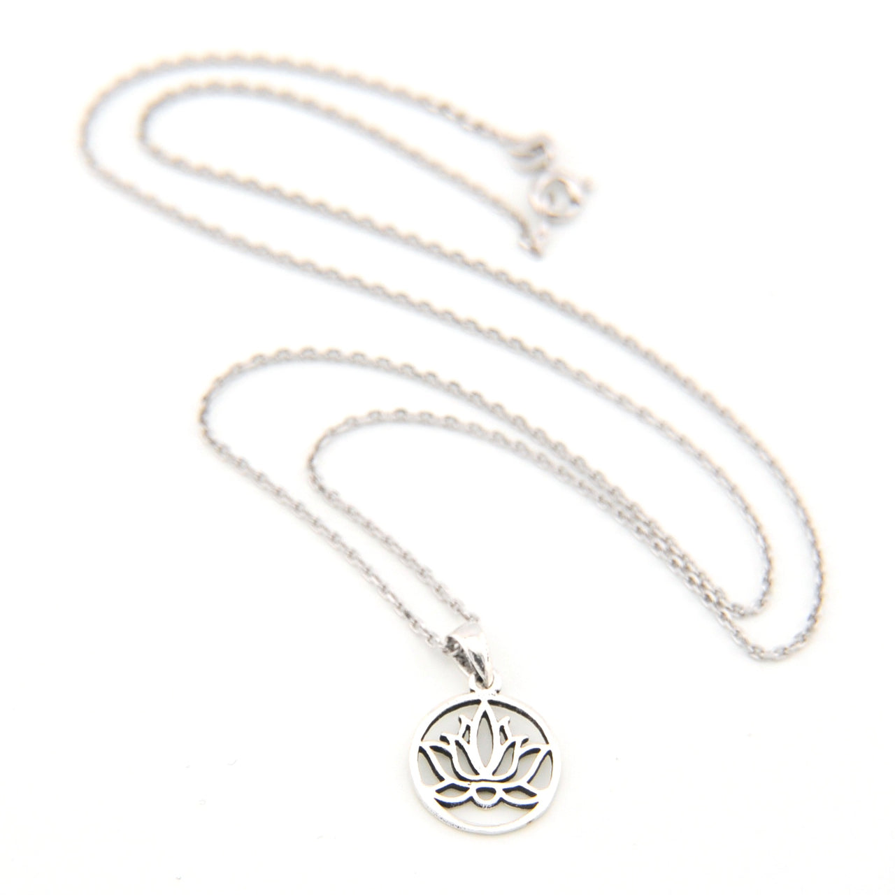 Silver necklace with a lotus flower pendant on a white background