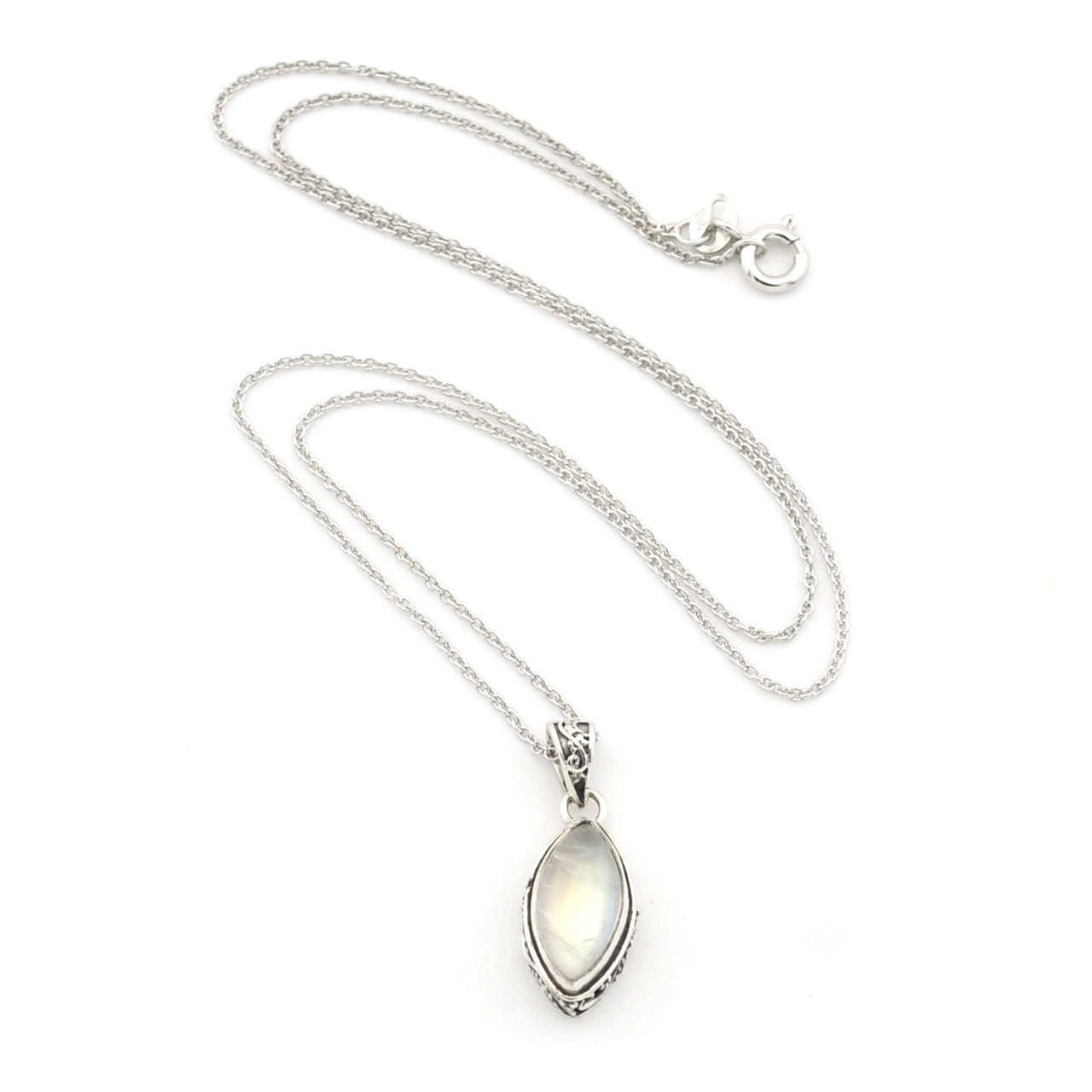 A silver chain necklace with a marquise-shaped moonstone pendant in a silver bezel setting, displayed on a clean white background.