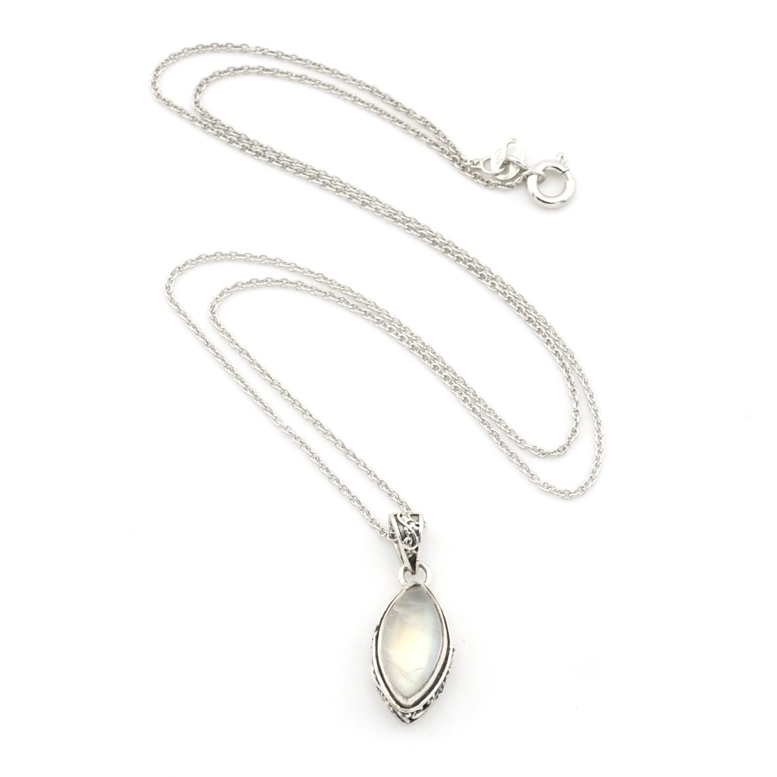 A silver chain necklace with a marquise-shaped moonstone pendant in a silver bezel setting, displayed on a clean white background.