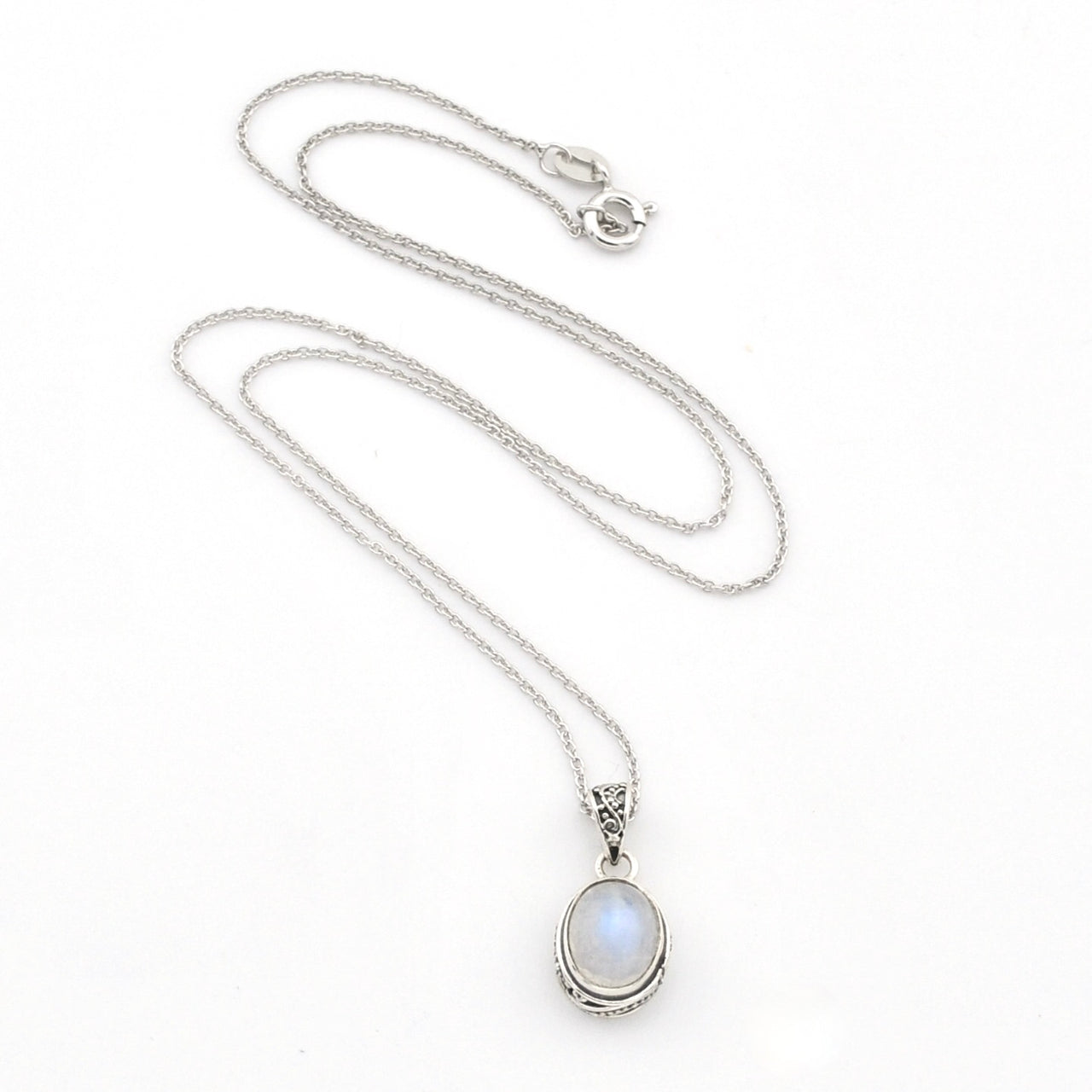 Sterling Silver Moonstone 8x10mm Oval Bali Necklace