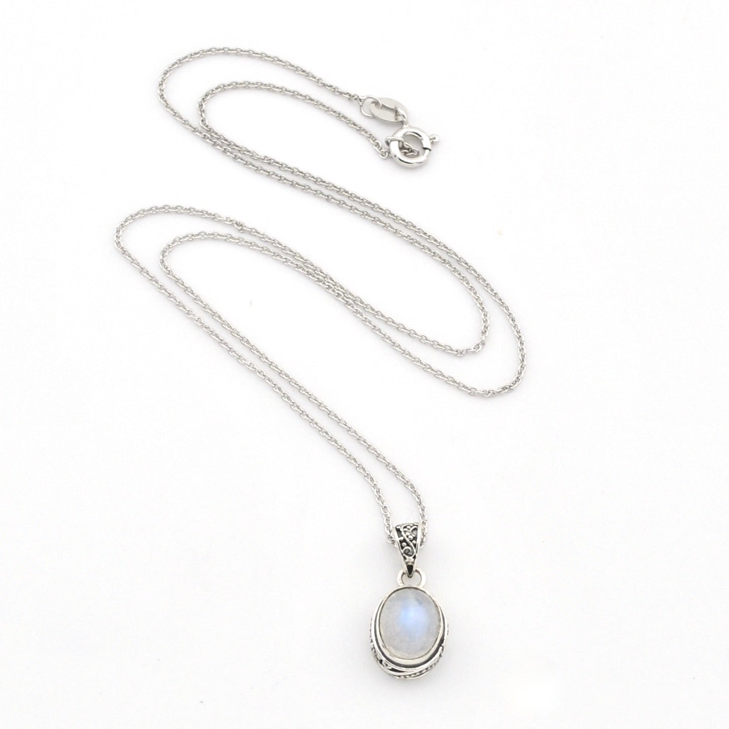 Sterling Silver Moonstone 8x10mm Oval Bali Necklace