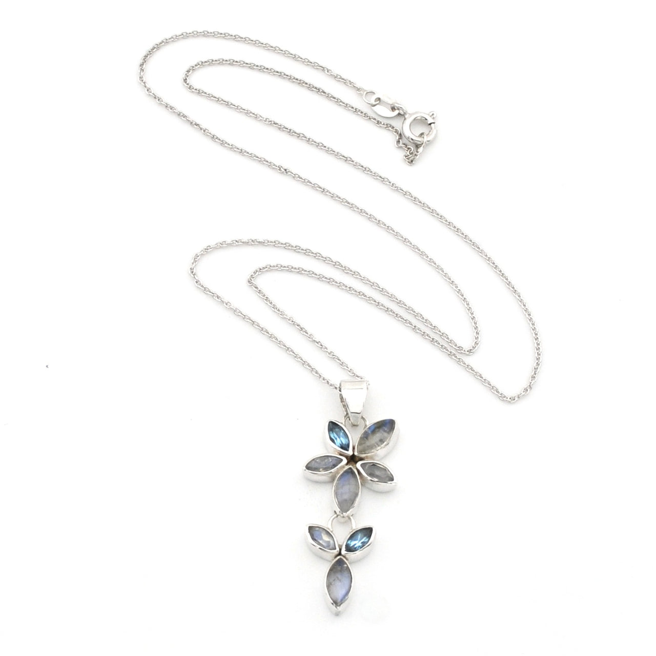 A silver flower-shaped pendant necklace featuring marquise-cut iridescent blue-gray stones, displayed on a clean white background.