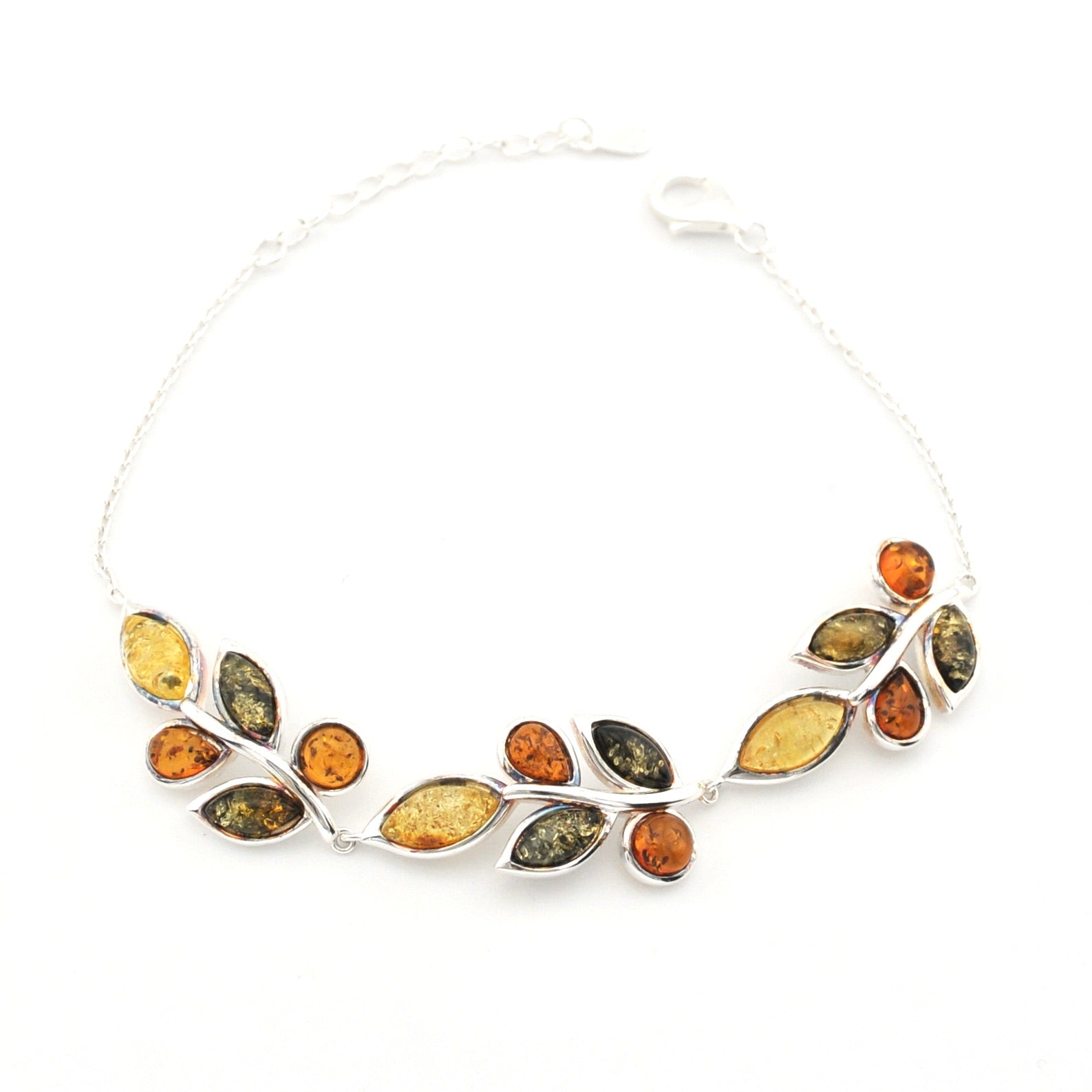 A silver leaf-shaped chain necklace featuring multiple polished amber stones in warm yellow, orange, and olive green hues, displayed on a clean white background.