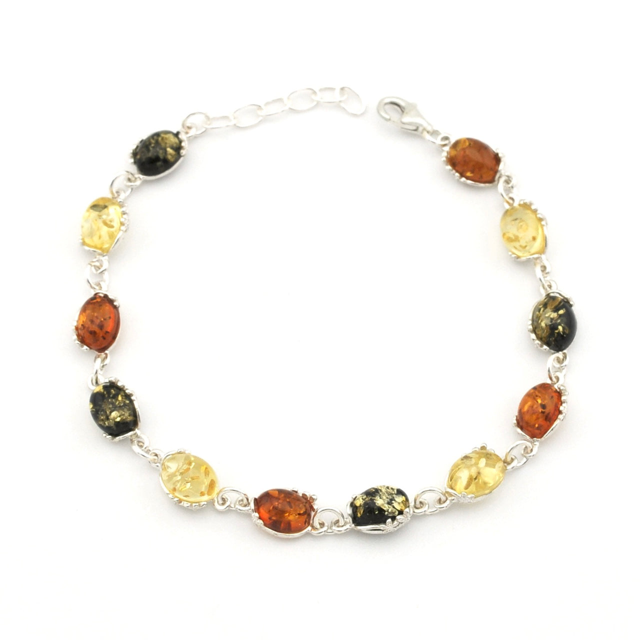 A silver link bracelet featuring oval-cut natural Baltic amber stones in yellow, orange, and dark brown-black hues, displayed on a clean white background.