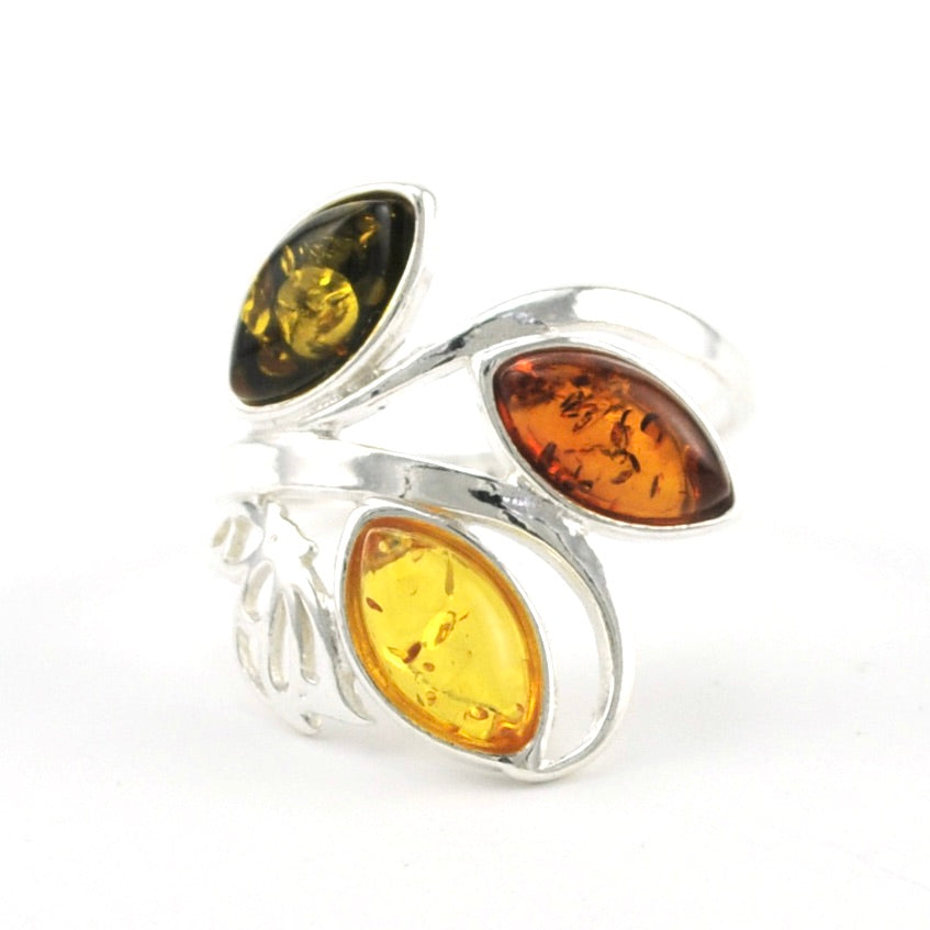 Sterling Silver Multicolored Amber 3 Stone Ring
