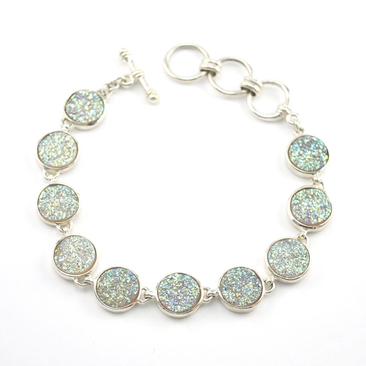 Sterling Silver Opal Druzy Agate Round Toggle Bracelet