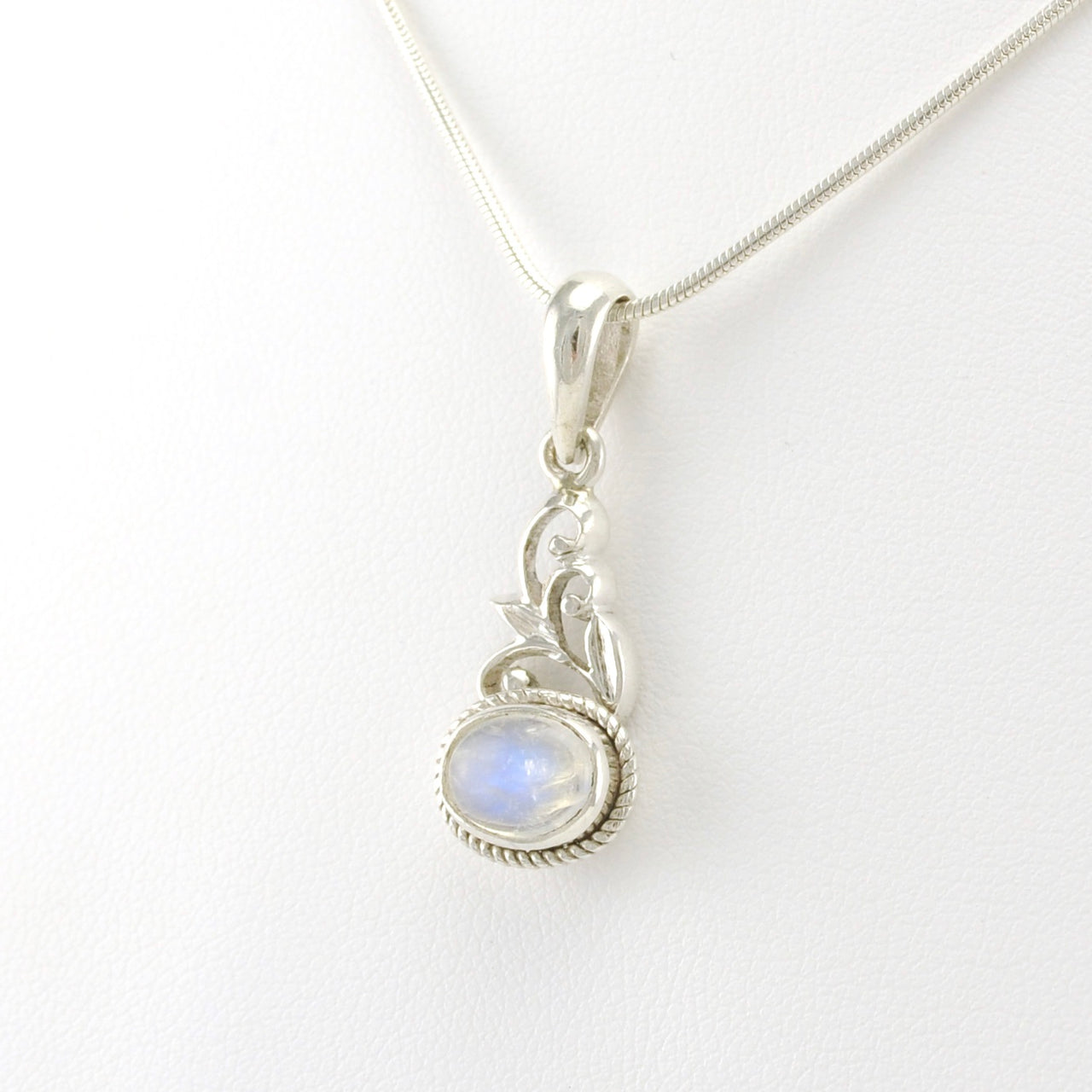 Sterling Silver Oval Rainbow Moonstone Scroll Pendant