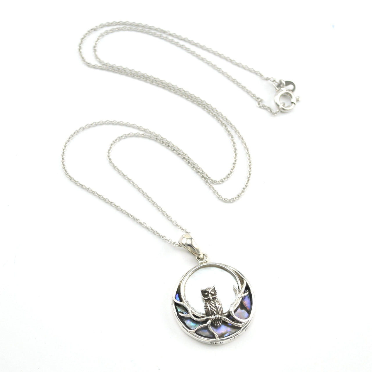 Sterling Silver Owl in the Moon Light with Shell Necklace