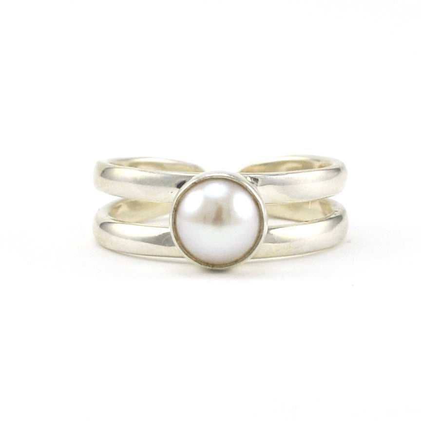 Sterling Silver Pearl 2 Band Adjustable Ring